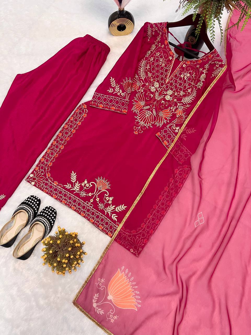 Function Wear Pink Color Pure Heavy Chinnon Silk With Heavy Embroidery Sequence Work Kurta Set
