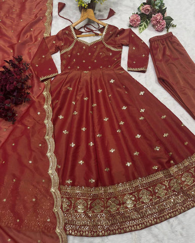 Wedding Wear Chocolate Color Cosmo With Heavy Sequins Thread Embroidered Work Anarkali Suit