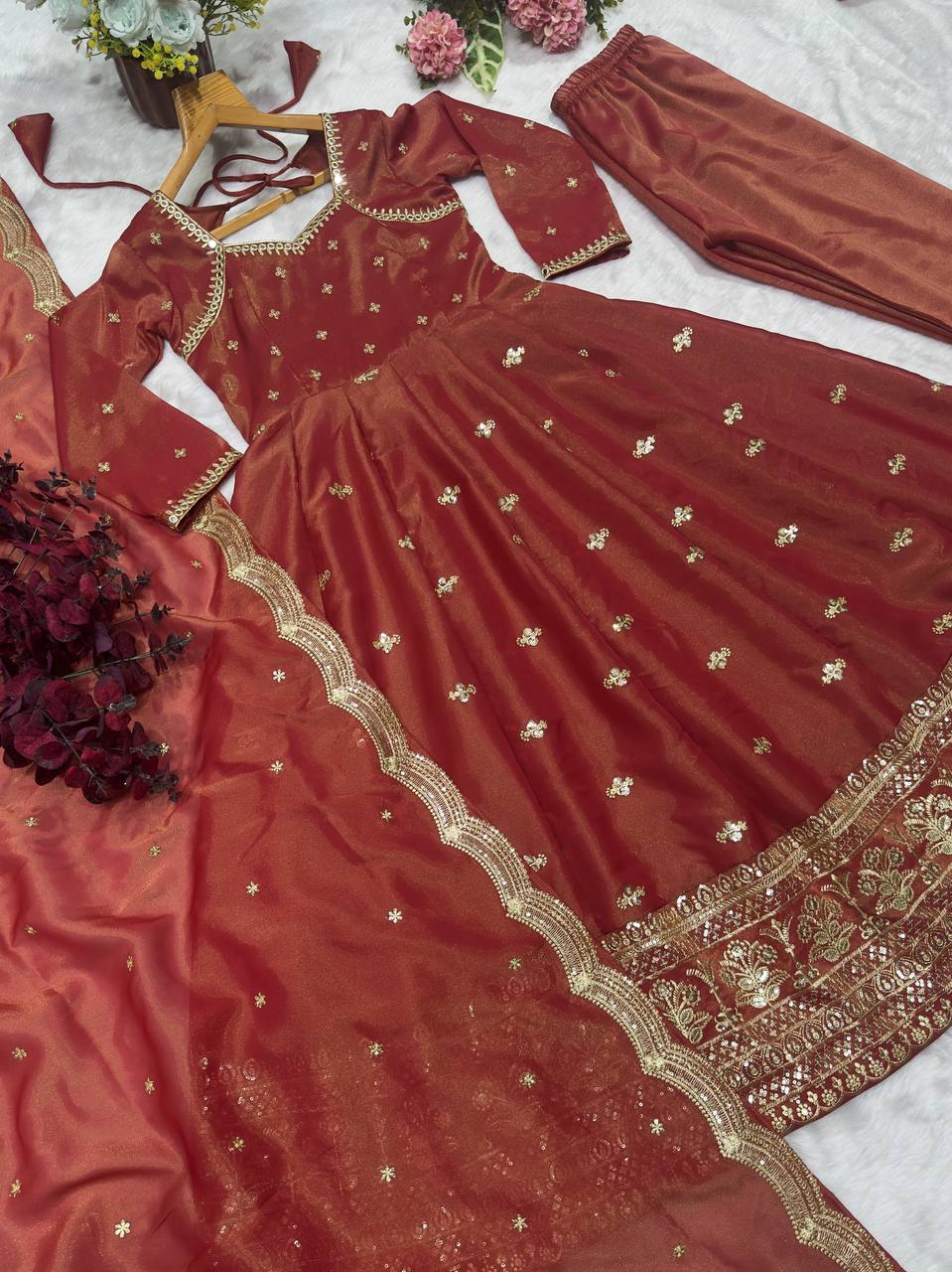 Wedding Wear Chocolate Color Cosmo With Heavy Sequins Thread Embroidered Work Anarkali Suit