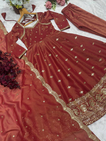 Wedding Wear Chocolate Color Cosmo With Heavy Sequins Thread Embroidered Work Anarkali Suit