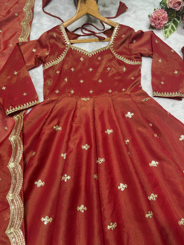 Wedding Wear Chocolate Color Cosmo With Heavy Sequins Thread Embroidered Work Anarkali Suit