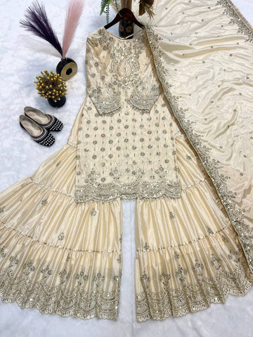 Party Wear White Color Heavy Chinon With Heavy Embroidery Sequence Work Sharara Suit