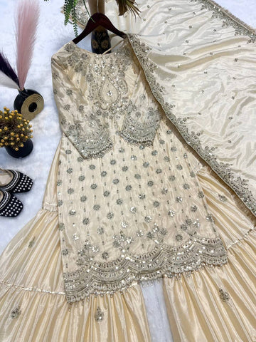 Party Wear White Color Heavy Chinon With Heavy Embroidery Sequence Work Sharara Suit