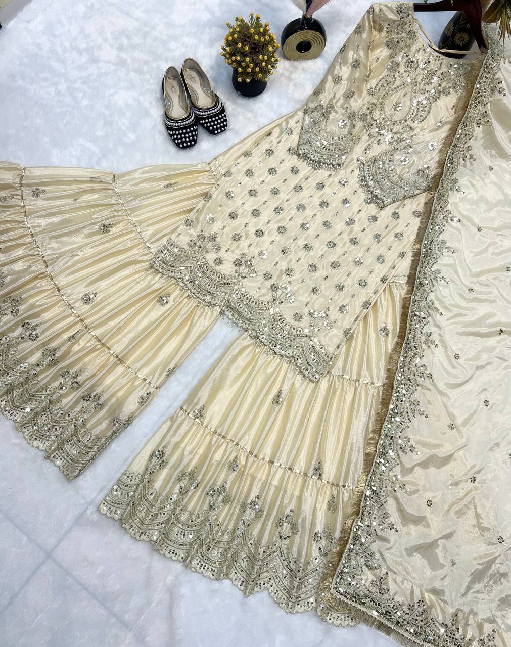Party Wear White Color Heavy Chinon With Heavy Embroidery Sequence Work Sharara Suit