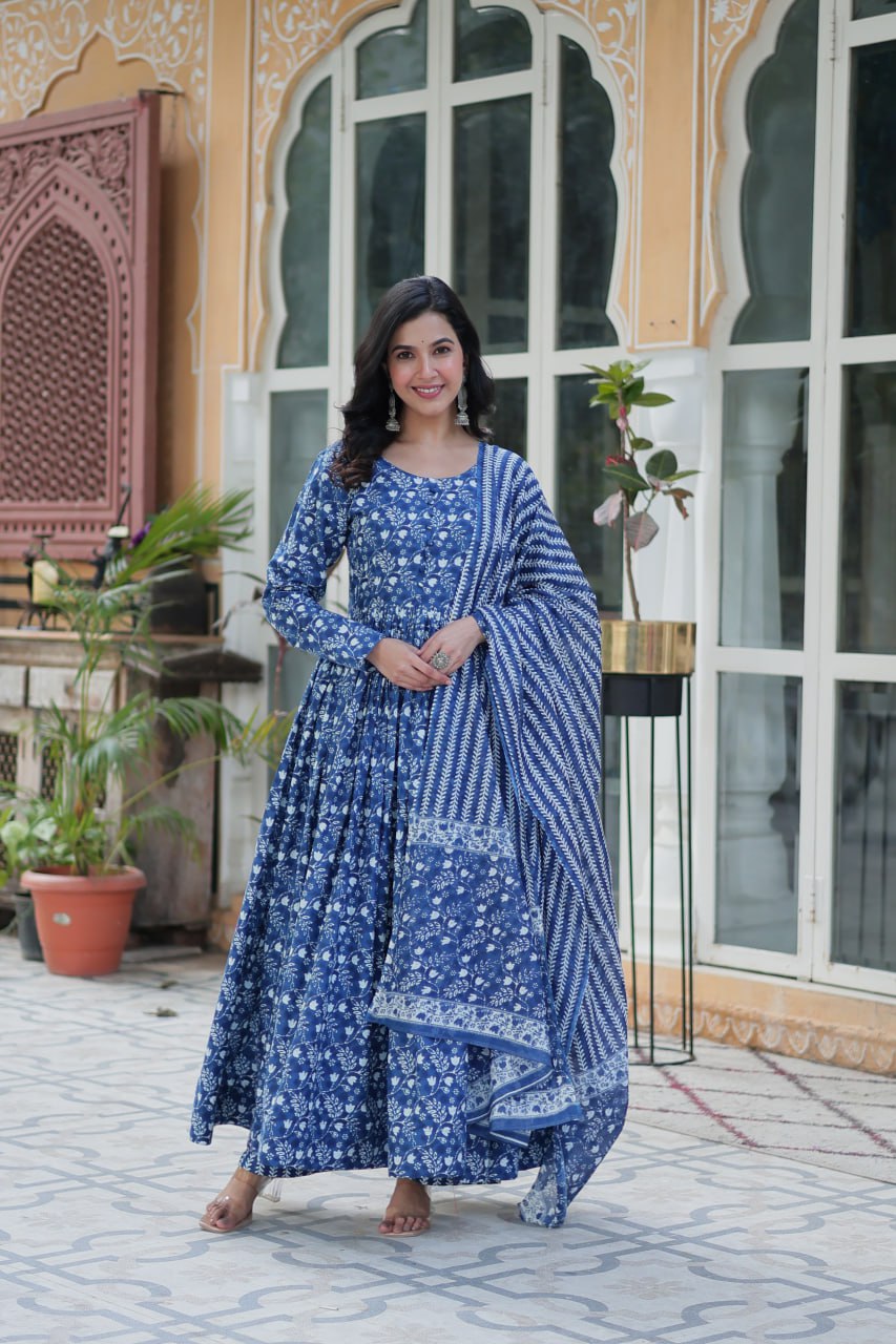 Shining Sky Blue Color Pure Cotton Printed Designer Anarkali Suit