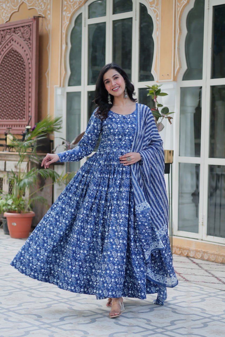 Shining Sky Blue Color Pure Cotton Printed Designer Anarkali Suit