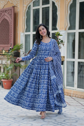 Shining Sky Blue Color Pure Cotton Printed Designer Anarkali Suit