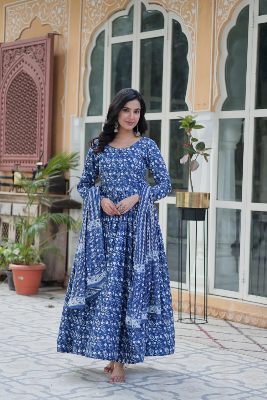 Shining Sky Blue Color Pure Cotton Printed Designer Anarkali Suit