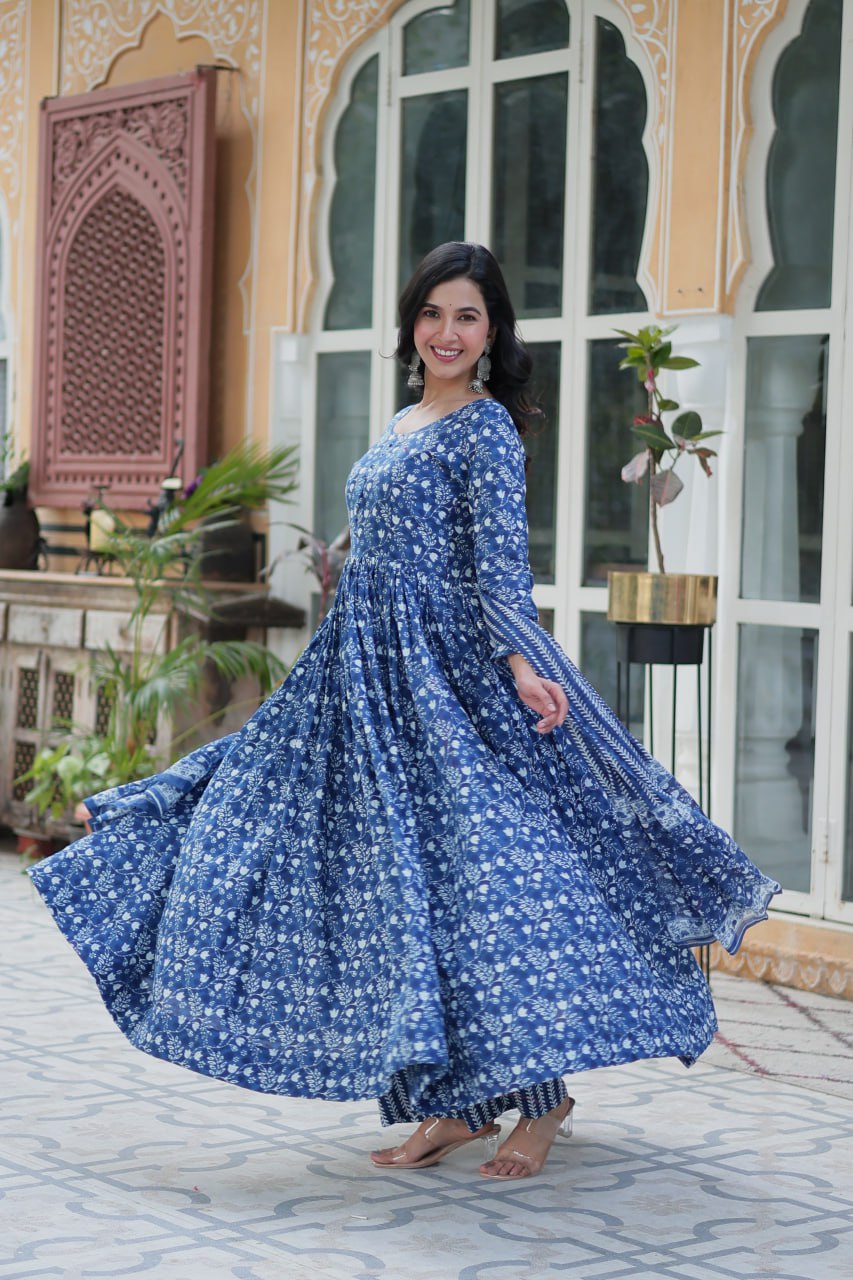 Shining Sky Blue Color Pure Cotton Printed Designer Anarkali Suit