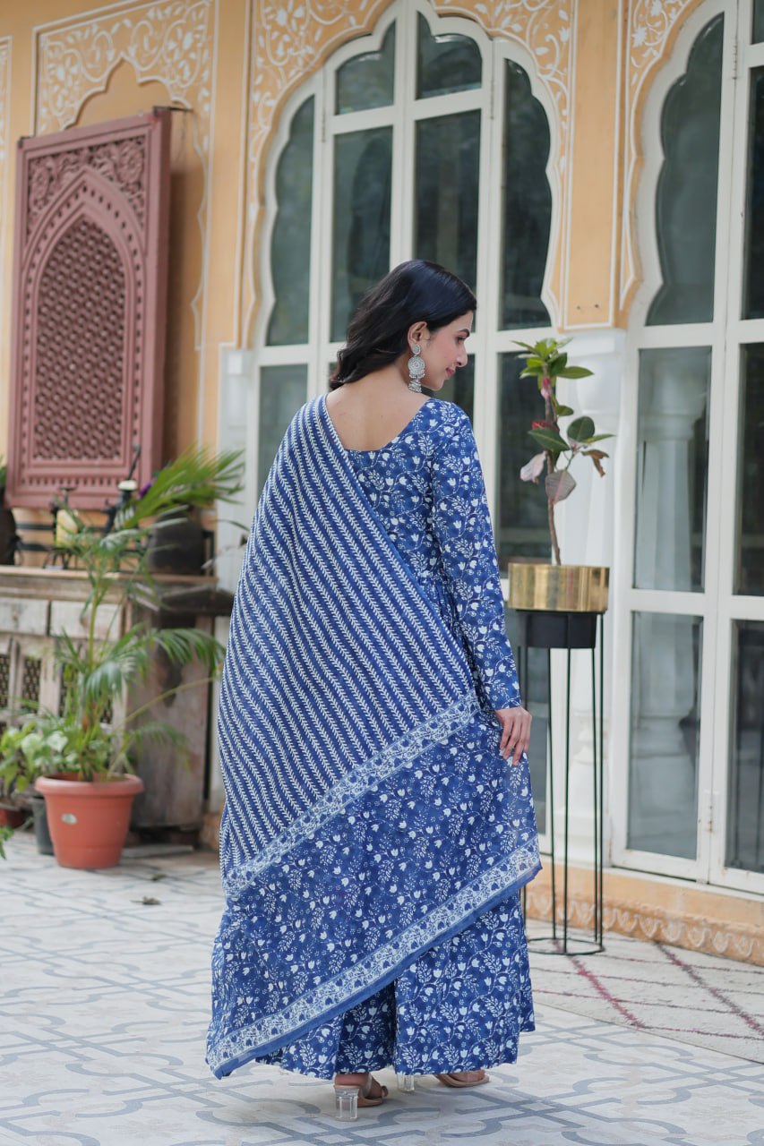 Shining Sky Blue Color Pure Cotton Printed Designer Anarkali Suit