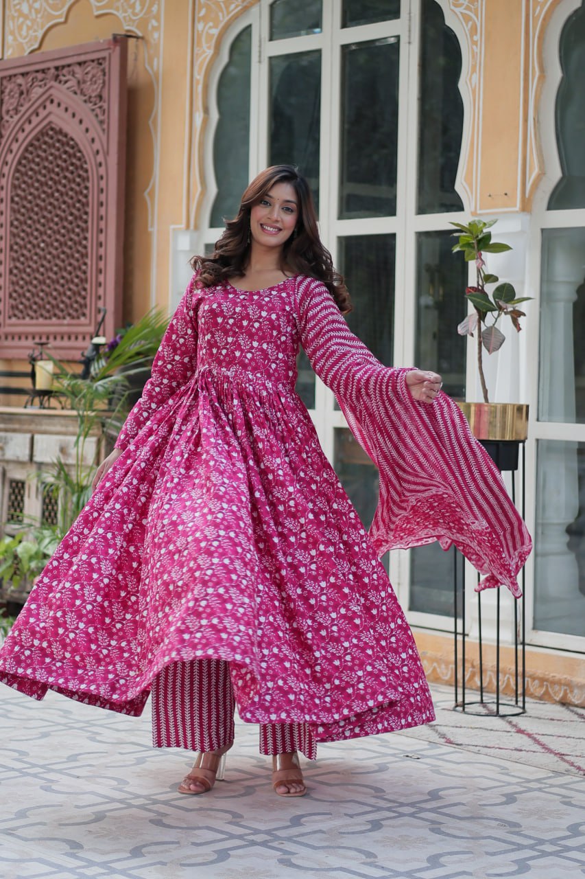 Shining Pink Color Pure Cotton Printed Designer Anarkali Suit