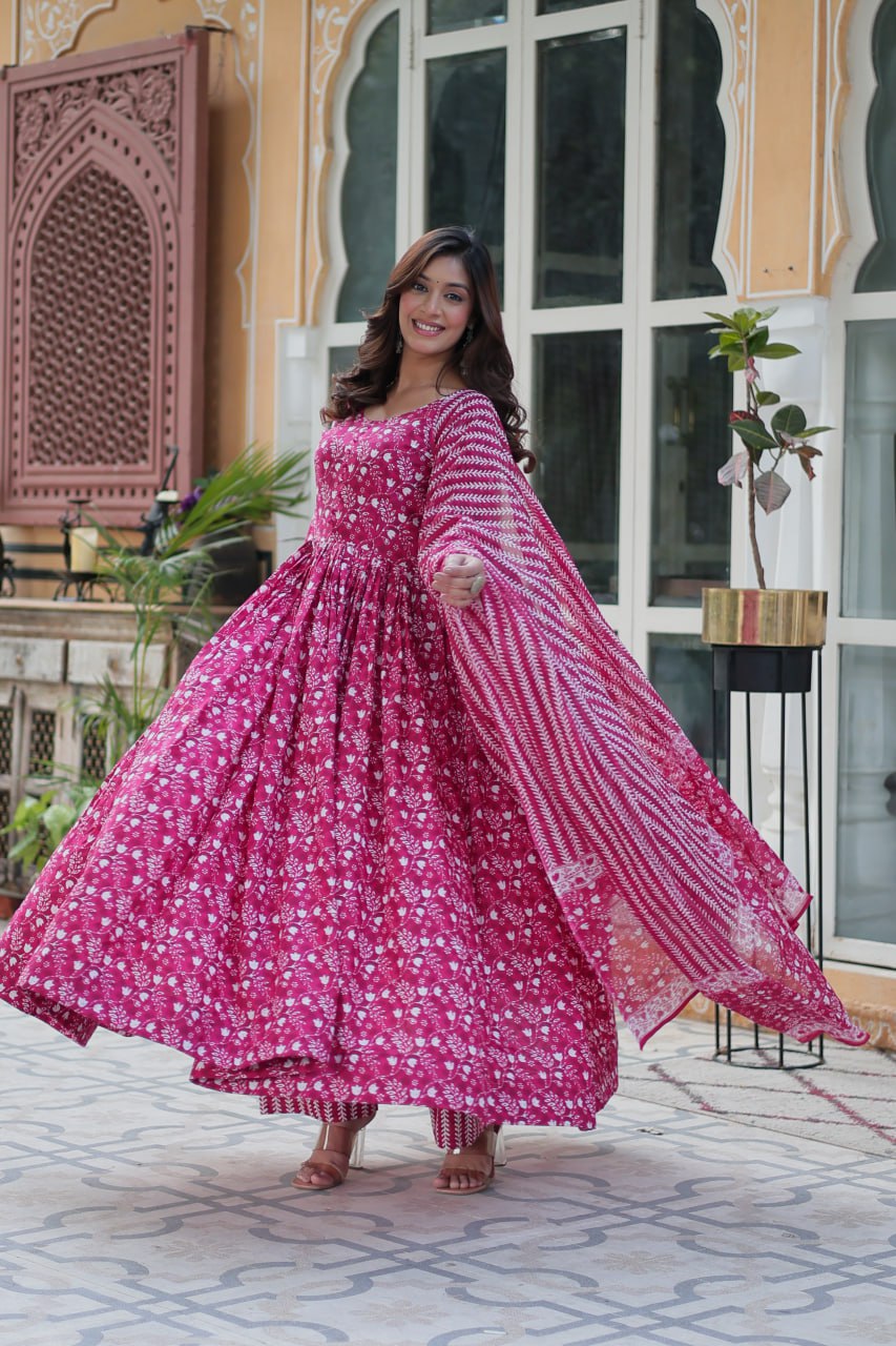 Shining Pink Color Pure Cotton Printed Designer Anarkali Suit