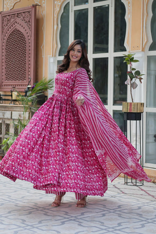 Shining Pink Color Pure Cotton Printed Designer Anarkali Suit