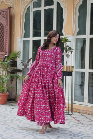 Shining Pink Color Pure Cotton Printed Designer Anarkali Suit