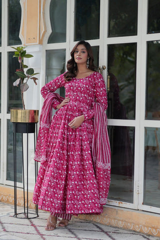 Shining Pink Color Pure Cotton Printed Designer Anarkali Suit