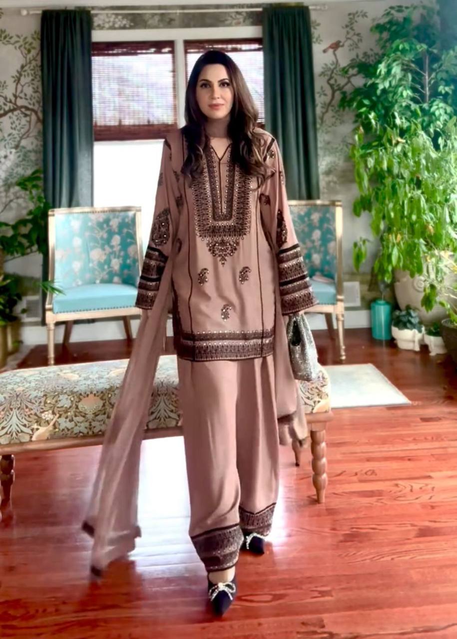 Traditional Wear Light Peach Color Heavy Natural Silk Embroidery Work With Mirror Hand Work Palazzo Suit