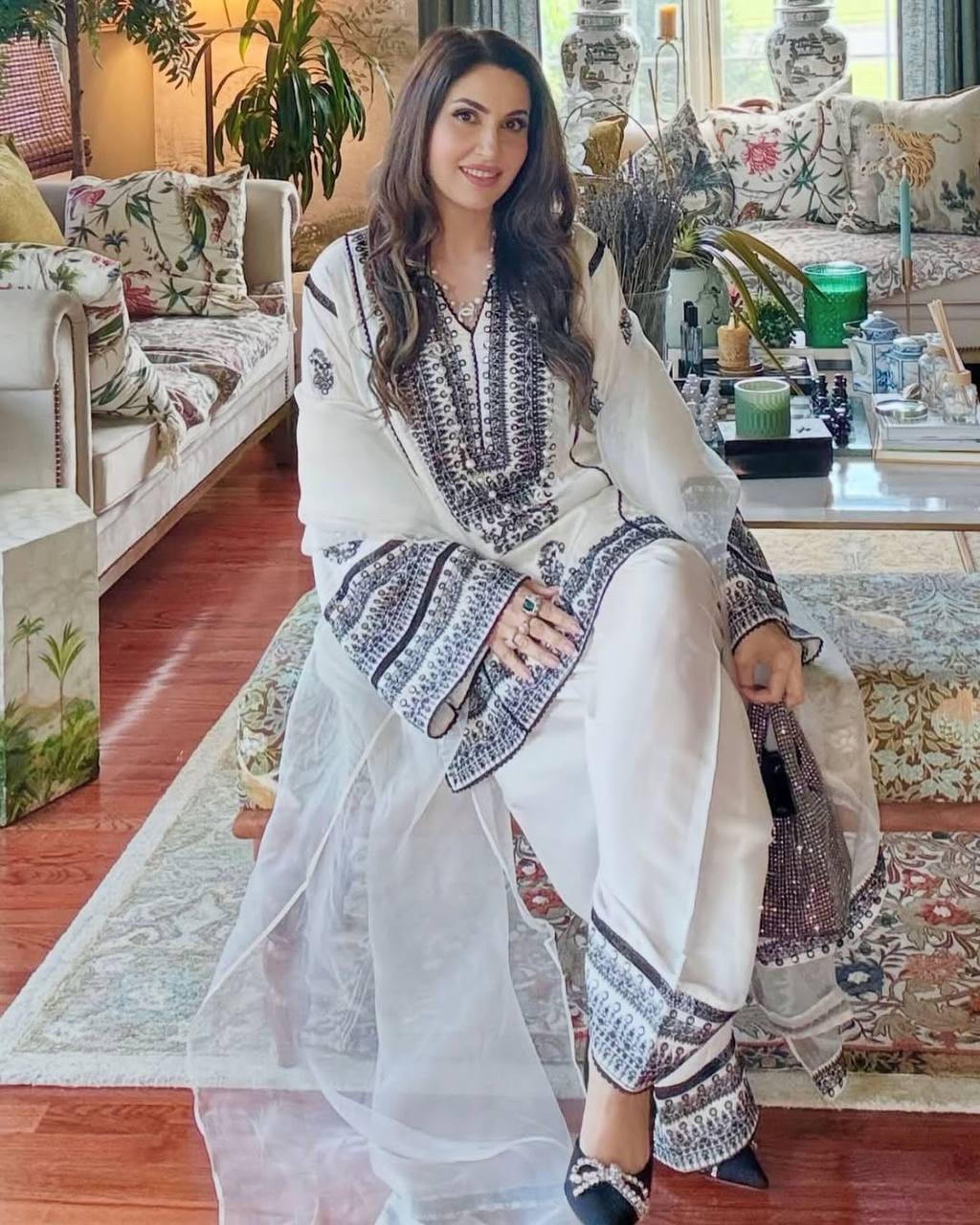 Engagement Wear White Color Heavy Natural Silk Embroidery Work With Mirror Hand Work Palazzo Suit