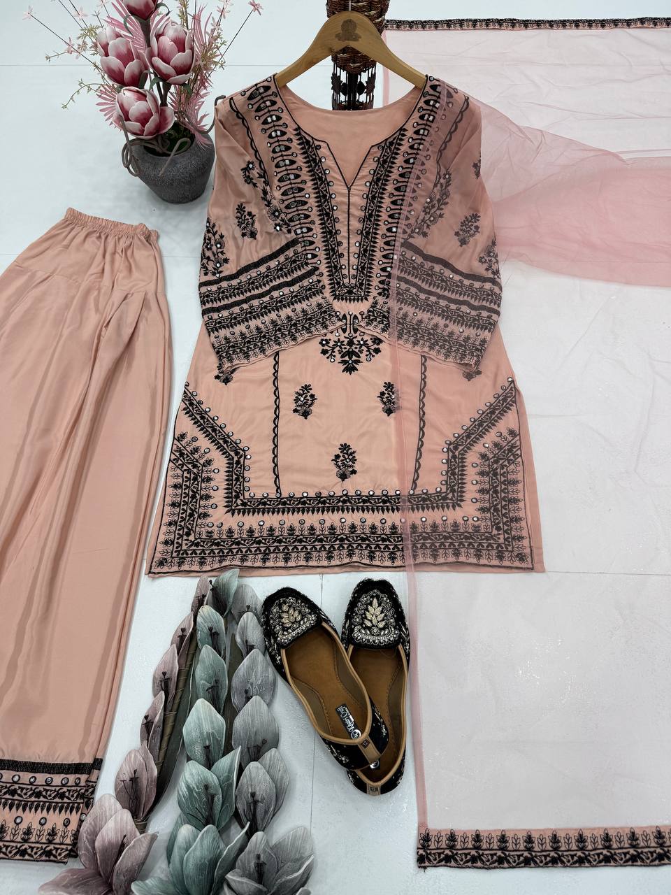 Traditional Wear Light Peach Color Heavy Natural Silk Embroidery Work With Mirror Hand Work Palazzo Suit