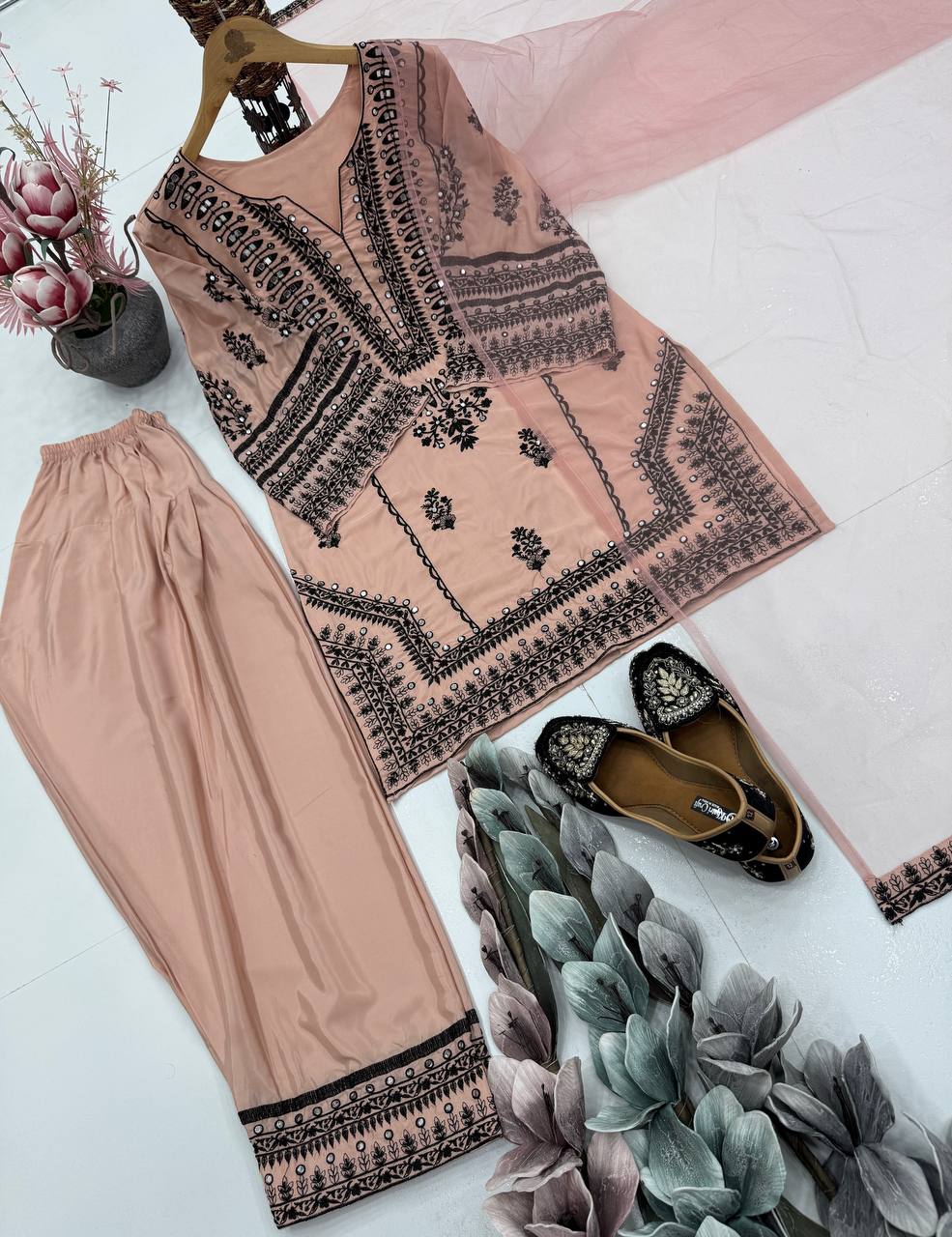Traditional Wear Light Peach Color Heavy Natural Silk Embroidery Work With Mirror Hand Work Palazzo Suit