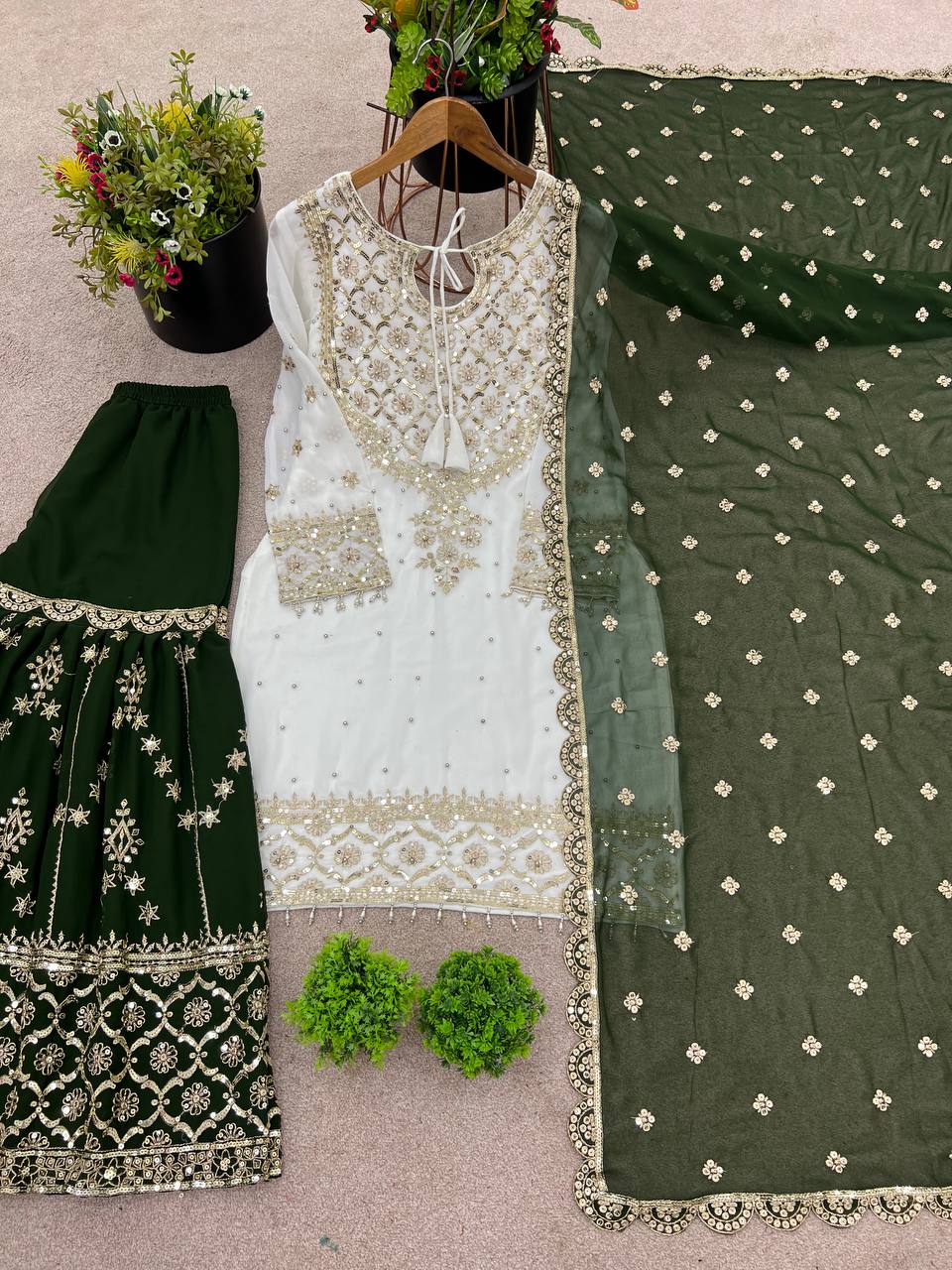 Ceremony Wear Green Color Heavy Faux Georgette With Embroidery Sequence Work Sharara Suit
