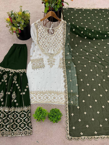 Ceremony Wear Green Color Heavy Faux Georgette With Embroidery Sequence Work Sharara Suit