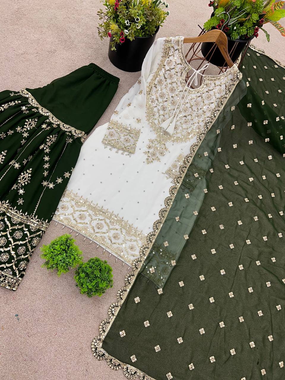 Ceremony Wear Green Color Heavy Faux Georgette With Embroidery Sequence Work Sharara Suit