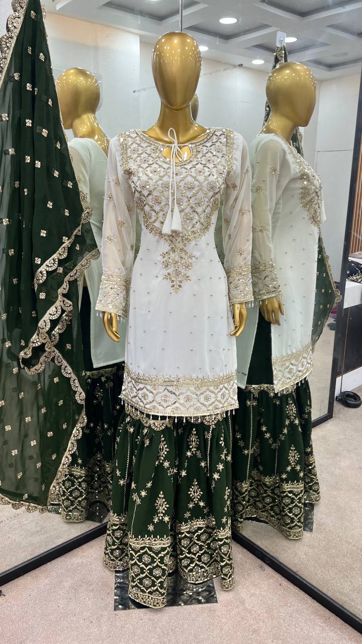 Ceremony Wear Green Color Heavy Faux Georgette With Embroidery Sequence Work Sharara Suit