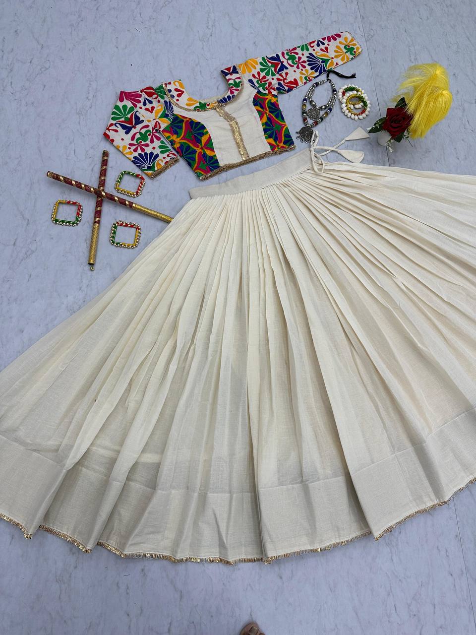 Ceremony Wear Off White Color Pure Cotton And Kachchhi Embroidery Work Navratri Lehenga Choli