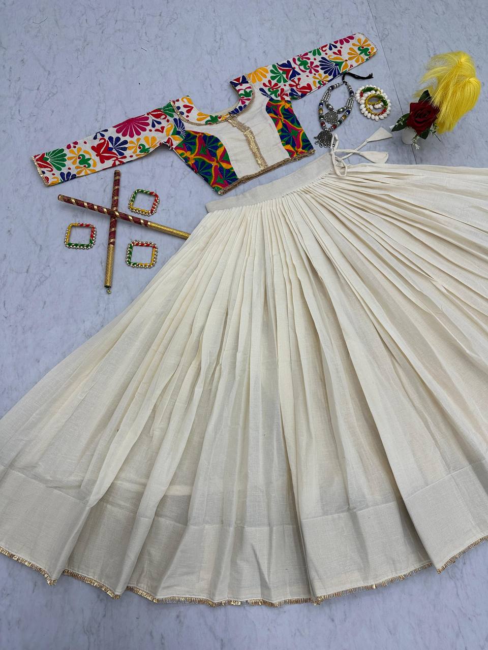 Ceremony Wear Off White Color Pure Cotton And Kachchhi Embroidery Work Navratri Lehenga Choli