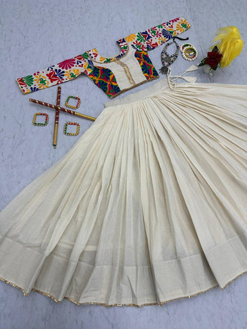 Ceremony Wear Off White Color Pure Cotton And Kachchhi Embroidery Work Navratri Lehenga Choli