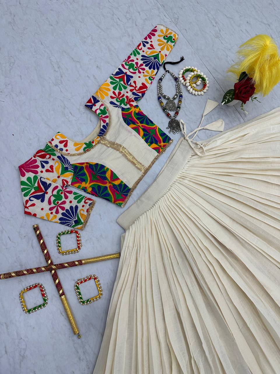 Ceremony Wear Off White Color Pure Cotton And Kachchhi Embroidery Work Navratri Lehenga Choli