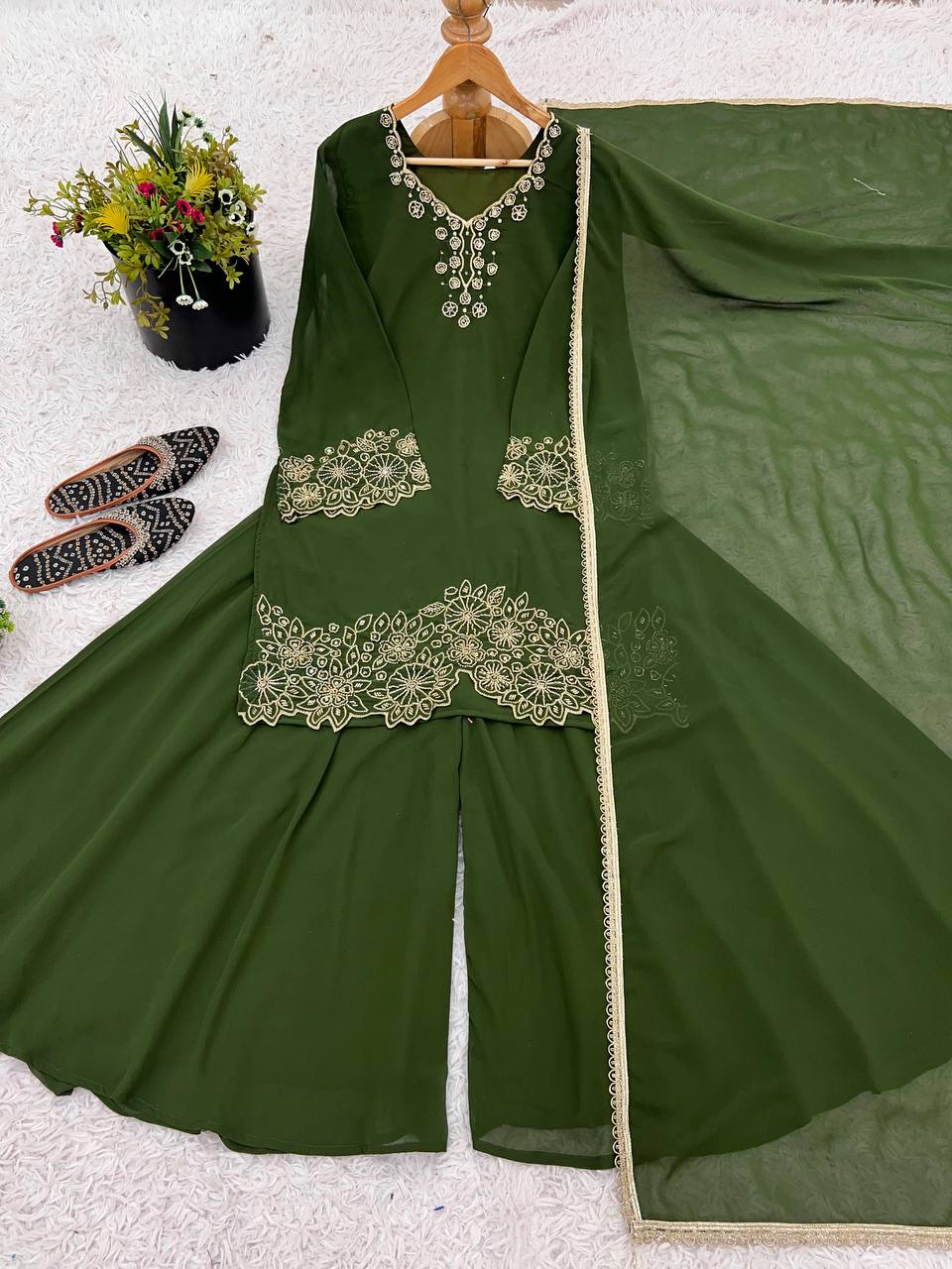 Fabulous Green Color Heavy Faux Georgette With Embroidery Beads Work Palazzo Suit