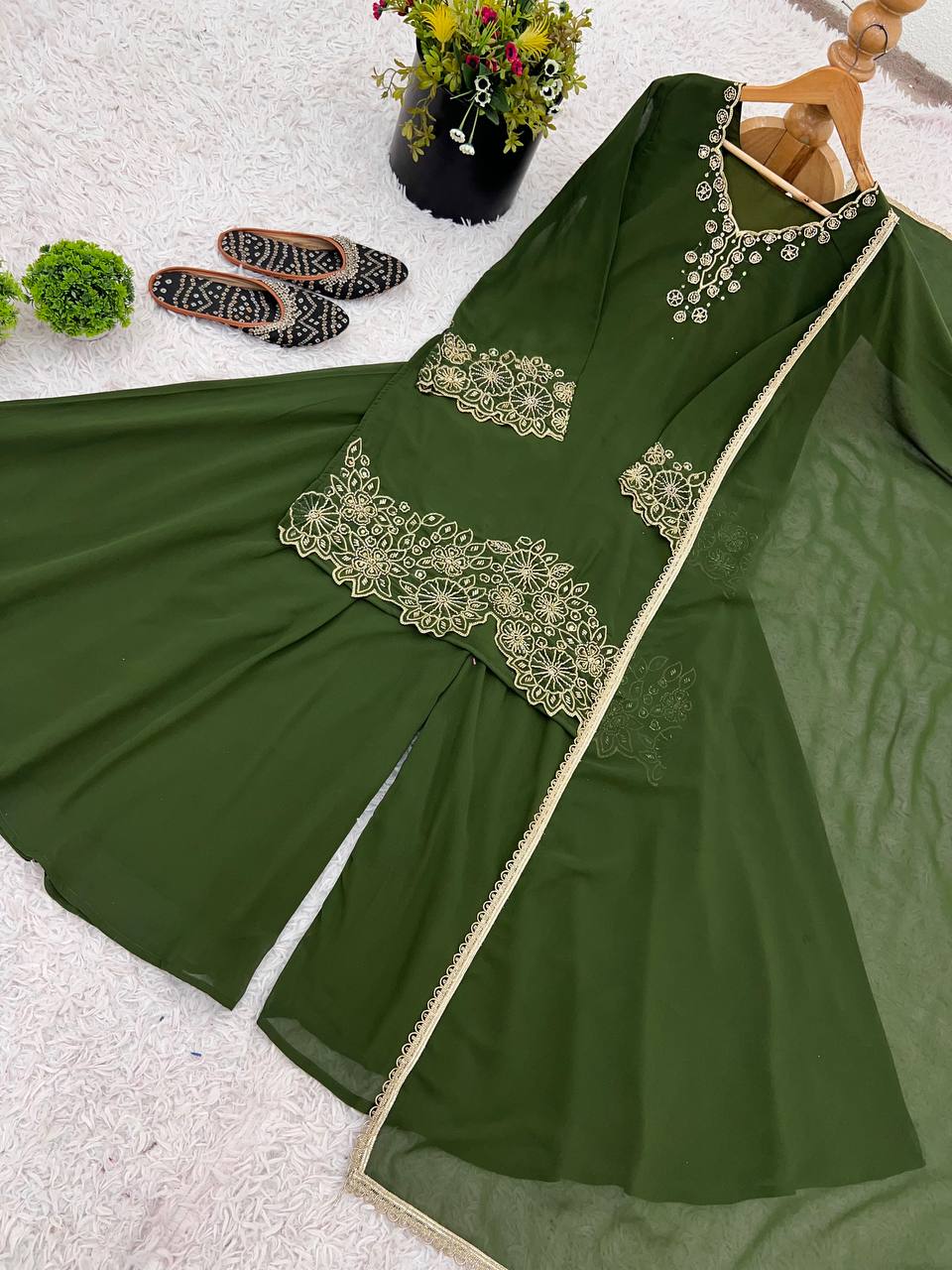 Fabulous Green Color Heavy Faux Georgette With Embroidery Beads Work Palazzo Suit
