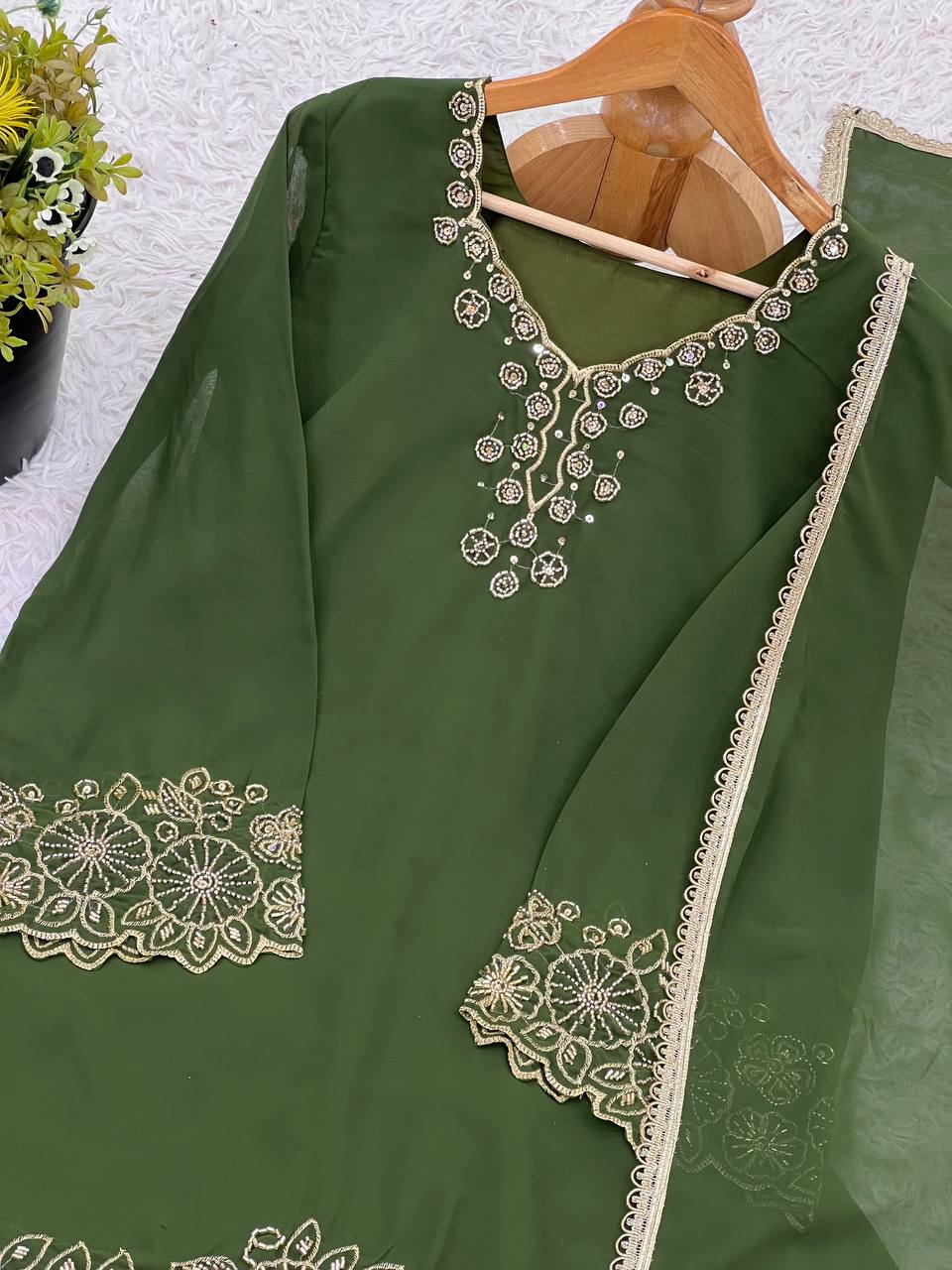 Fabulous Green Color Heavy Faux Georgette With Embroidery Beads Work Palazzo Suit
