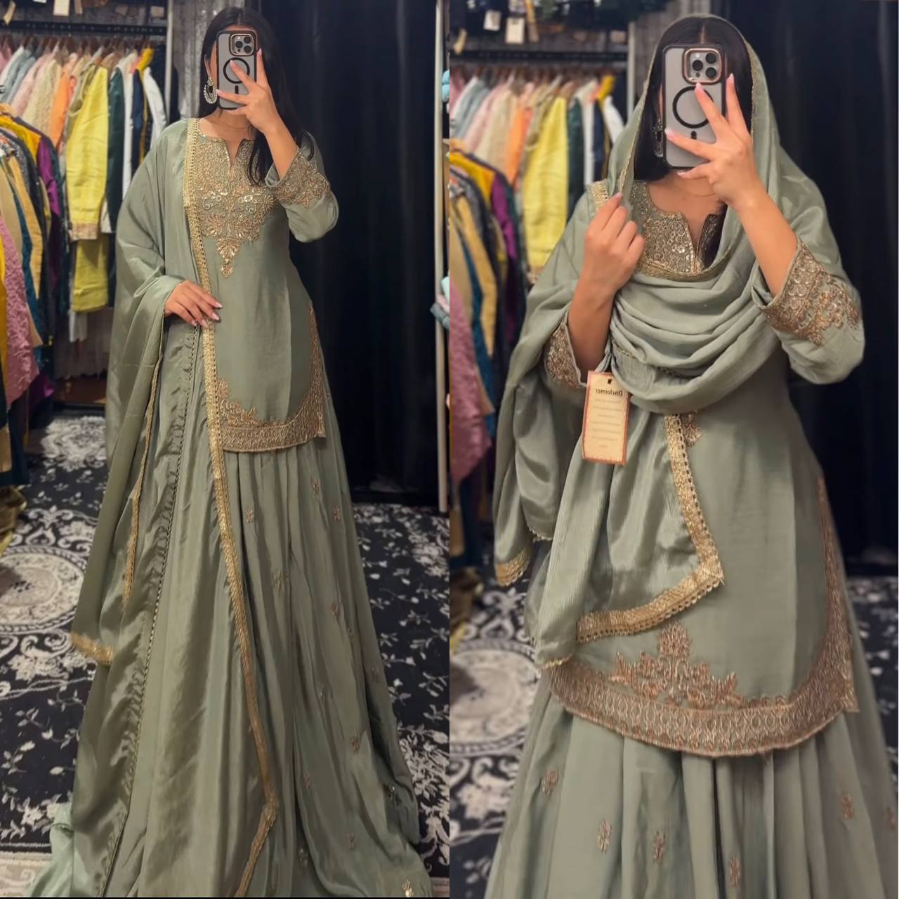 Festive Wear Mehndi Color Chinnon Silk Multi Needle Embroidery Work Lehenga With Top