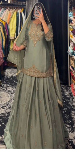 Festive Wear Mehndi Color Chinnon Silk Multi Needle Embroidery Work Lehenga With Top