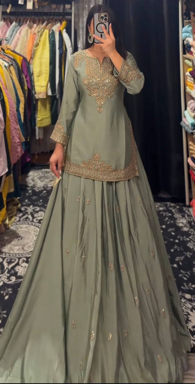 Festive Wear Mehndi Color Chinnon Silk Multi Needle Embroidery Work Lehenga With Top