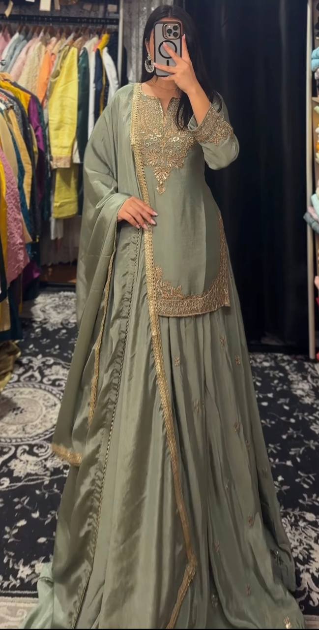 Festive Wear Mehndi Color Chinnon Silk Multi Needle Embroidery Work Lehenga With Top
