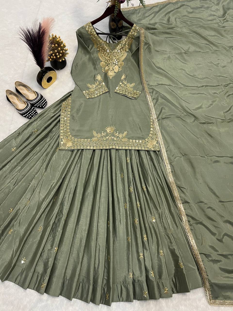 Festive Wear Mehndi Color Chinnon Silk Multi Needle Embroidery Work Lehenga With Top