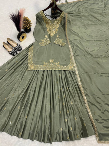 Festive Wear Mehndi Color Chinnon Silk Multi Needle Embroidery Work Lehenga With Top