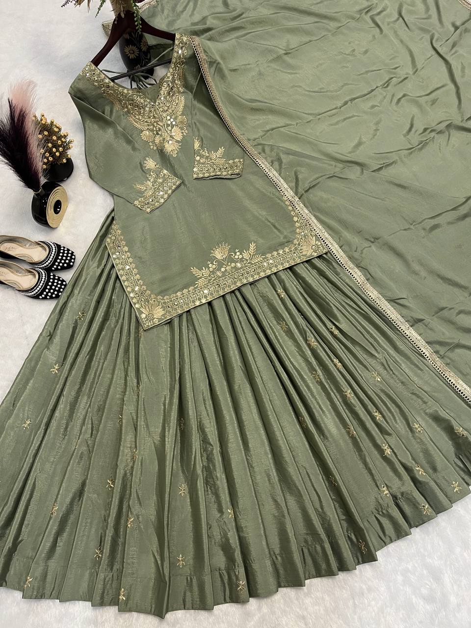Festive Wear Mehndi Color Chinnon Silk Multi Needle Embroidery Work Lehenga With Top
