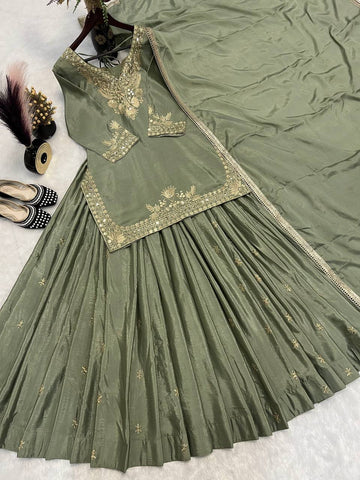 Festive Wear Mehndi Color Chinnon Silk Multi Needle Embroidery Work Lehenga With Top