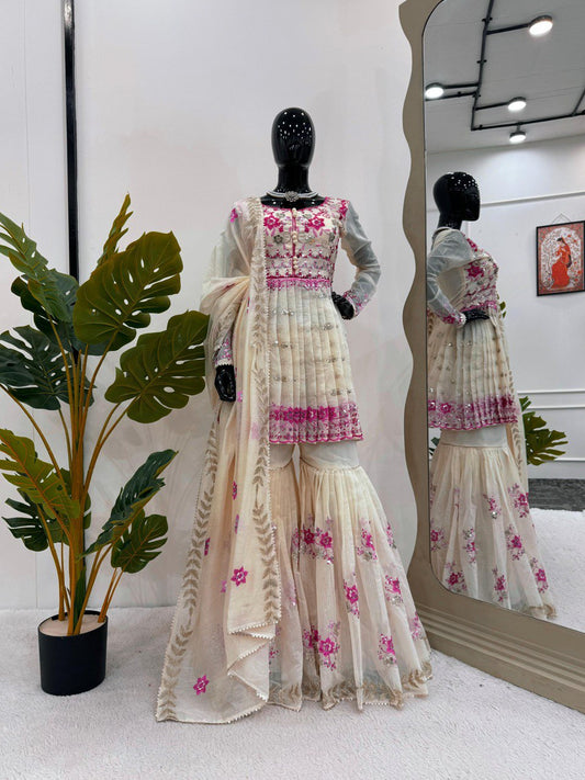 Party Wear Cream Color Chanderi Cotton With Sequence Work Sharara Suit