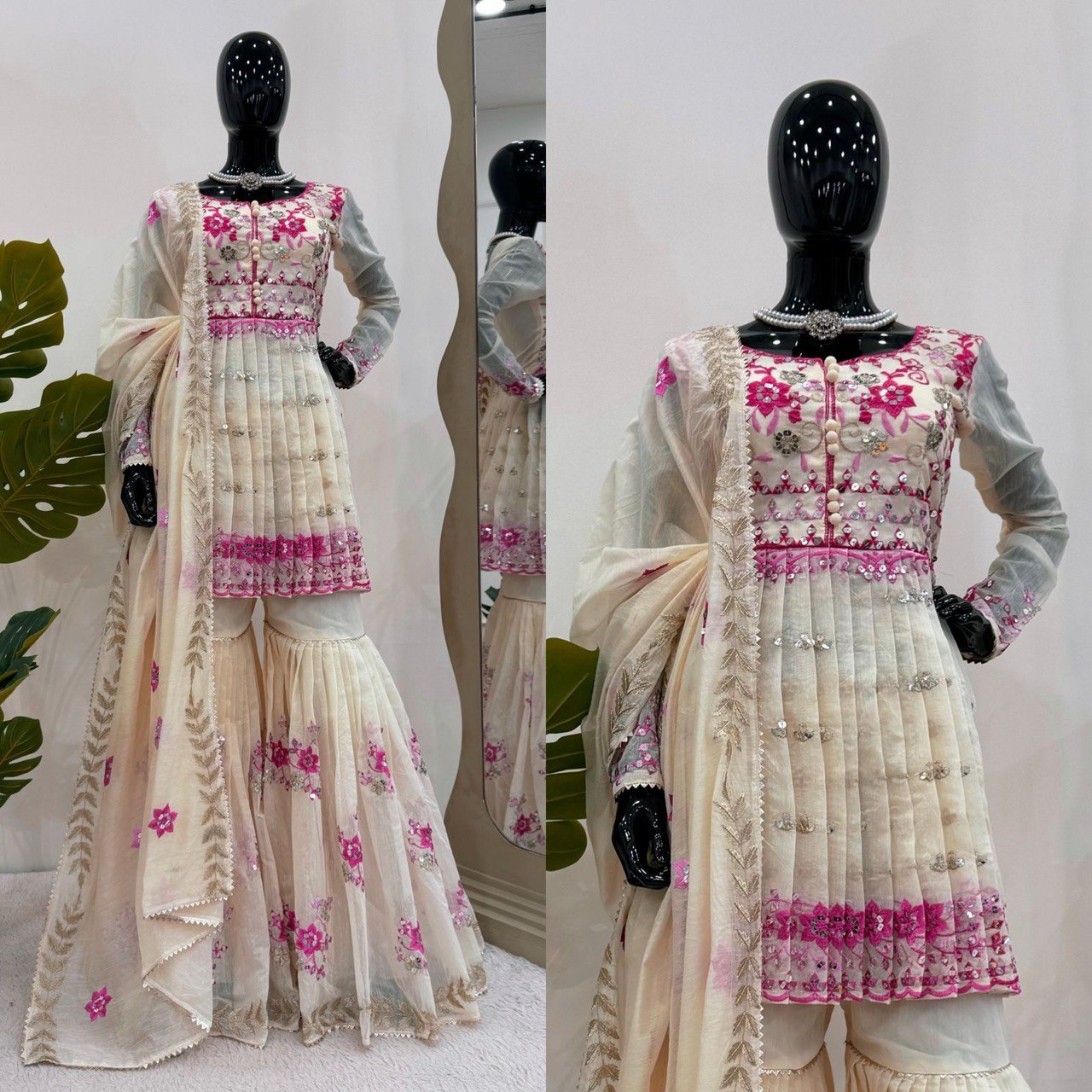 Party Wear Cream Color Chanderi Cotton With Sequence Work Sharara Suit