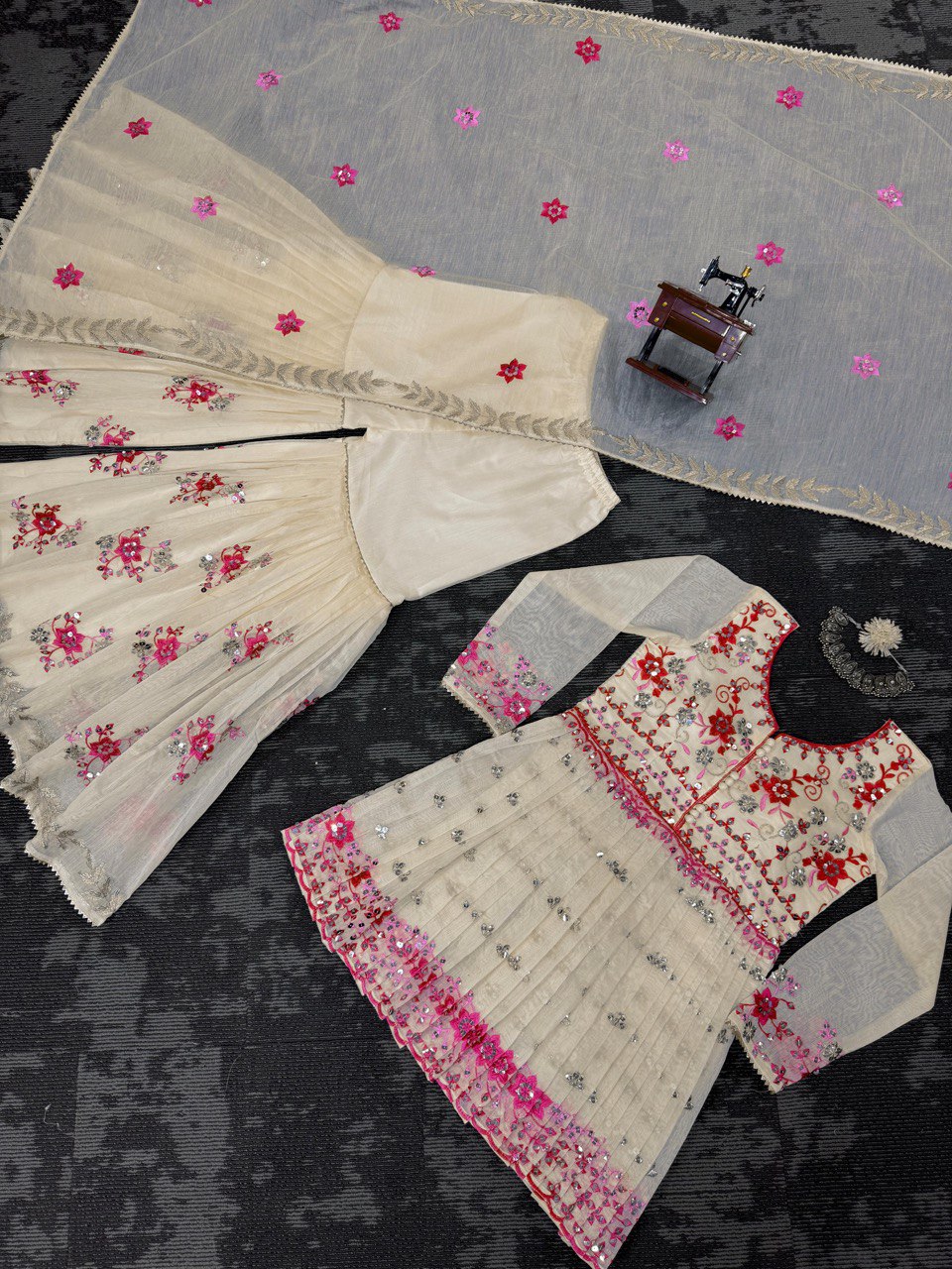 Party Wear Cream Color Chanderi Cotton With Sequence Work Sharara Suit