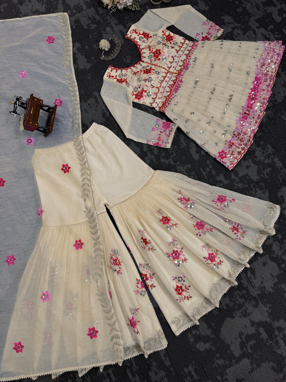 Party Wear Cream Color Chanderi Cotton With Sequence Work Sharara Suit