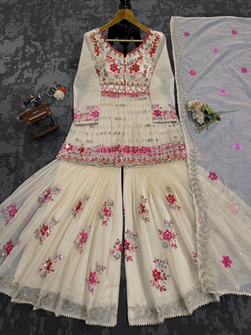 Party Wear Cream Color Chanderi Cotton With Sequence Work Sharara Suit