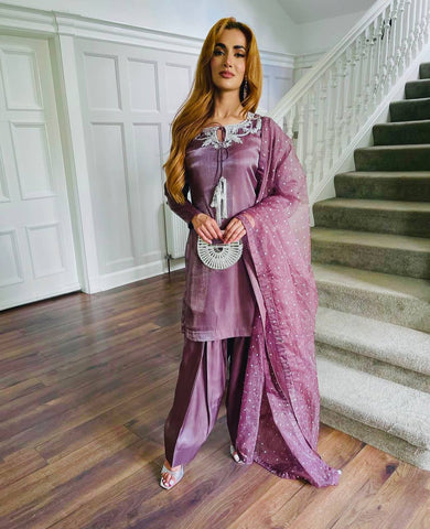 Casual Wear Light Purple Color Pure Natural Crepe With Heavy Embroidery Sequence Work Salwar Suit