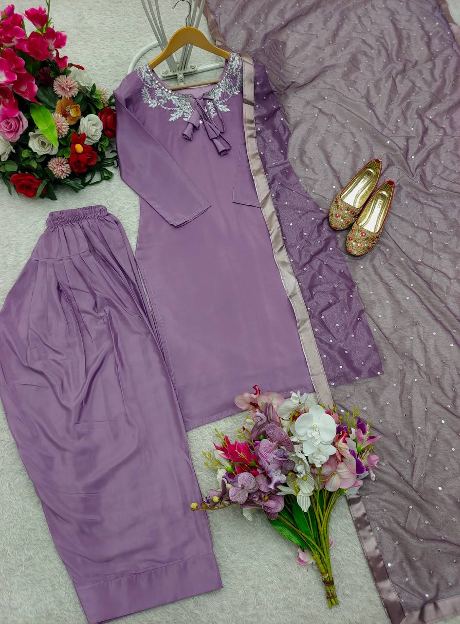 Casual Wear Light Purple Color Pure Natural Crepe With Heavy Embroidery Sequence Work Salwar Suit