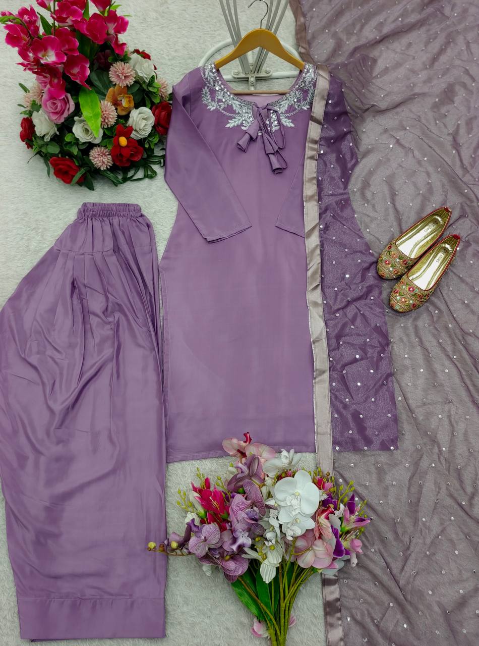 Casual Wear Light Purple Color Pure Natural Crepe With Heavy Embroidery Sequence Work Salwar Suit
